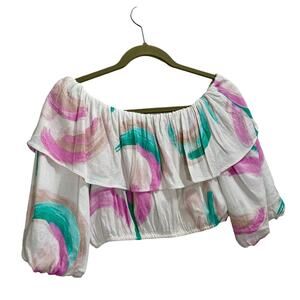 GIANNI BINI Women’s Crop Top Off-Shoulder Ruffle Abstract Print Blouse ; Medium